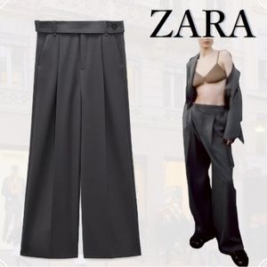 New $89 Zara Belted Relaxed Trousers Wide Leg Gray Pants Small 2625/455